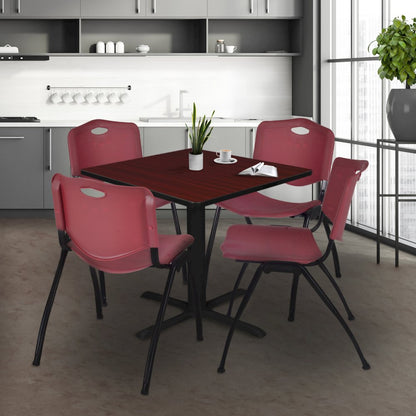 48 in. Square X-Base Breakroom Table- Mahogany & 4 M Stack Chairs- Burgundy