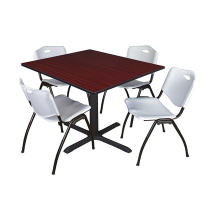 48 in. Square X-Base Breakroom Table- Mahogany & 4 M Stack Chairs- Grey