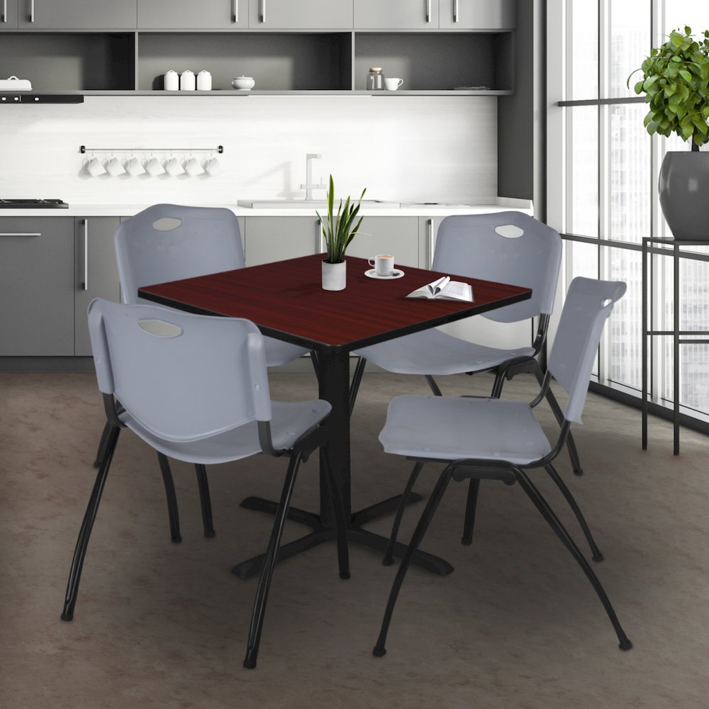 48 in. Square X-Base Breakroom Table- Mahogany & 4 M Stack Chairs- Grey