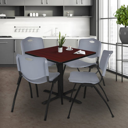 48 in. Square X-Base Breakroom Table- Mahogany & 4 M Stack Chairs- Grey