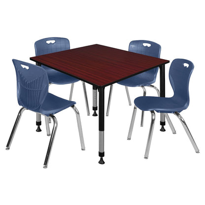 48 Square Adjustable Classroom Table- Mahogany & 4 Andy 18 Stack Chairs- Blue