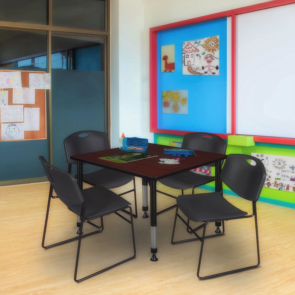 48 in. Square Adjustable Classroom Table- Mahogany & 4 Zeng Stack Chairs- Black