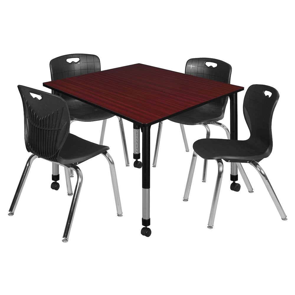 48 Square Mobile Classroom Table- Mahogany & 4 Andy 18 Stack Chairs- Black