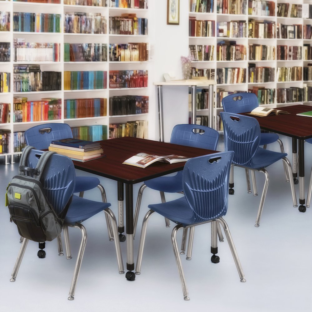 48 Square Mobile Classroom Table- Mahogany & 4 Andy 18 Stack Chairs- Blue