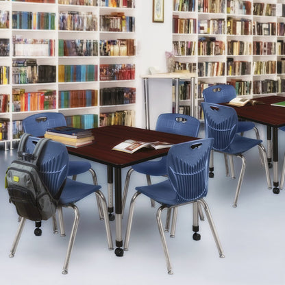 48 Square Mobile Classroom Table- Mahogany & 4 Andy 18 Stack Chairs- Blue