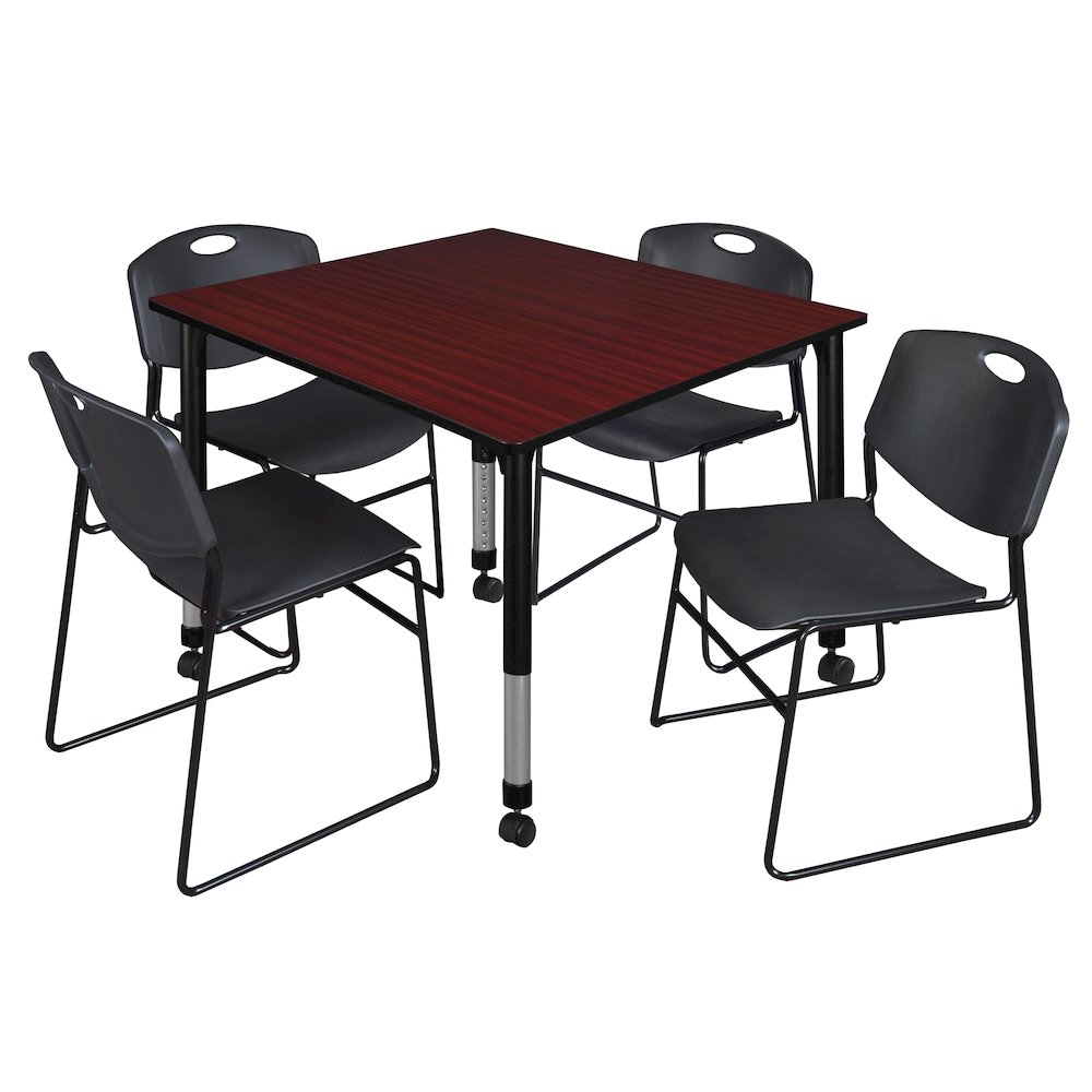 48 Square Mobile Classroom Table- Mahogany & 4 Zeng Stack Chairs- Black