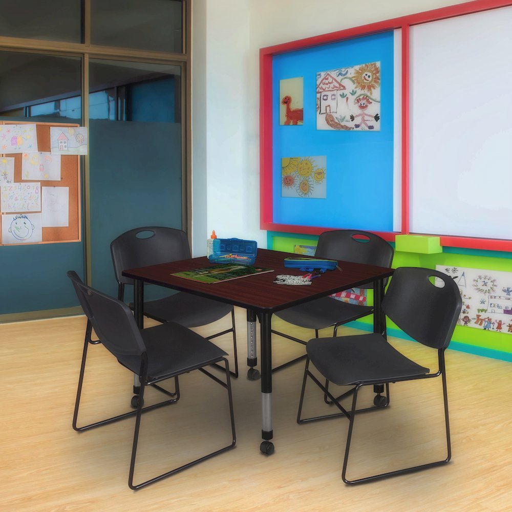 48 Square Mobile Classroom Table- Mahogany & 4 Zeng Stack Chairs- Black