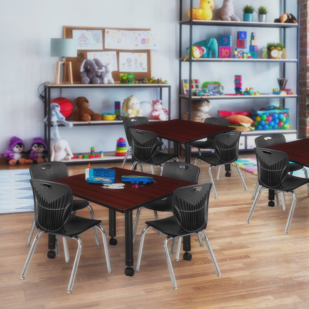 48 Square Mobile Classroom Table- Mahogany & 4 Andy 12 Stack Chairs- Black