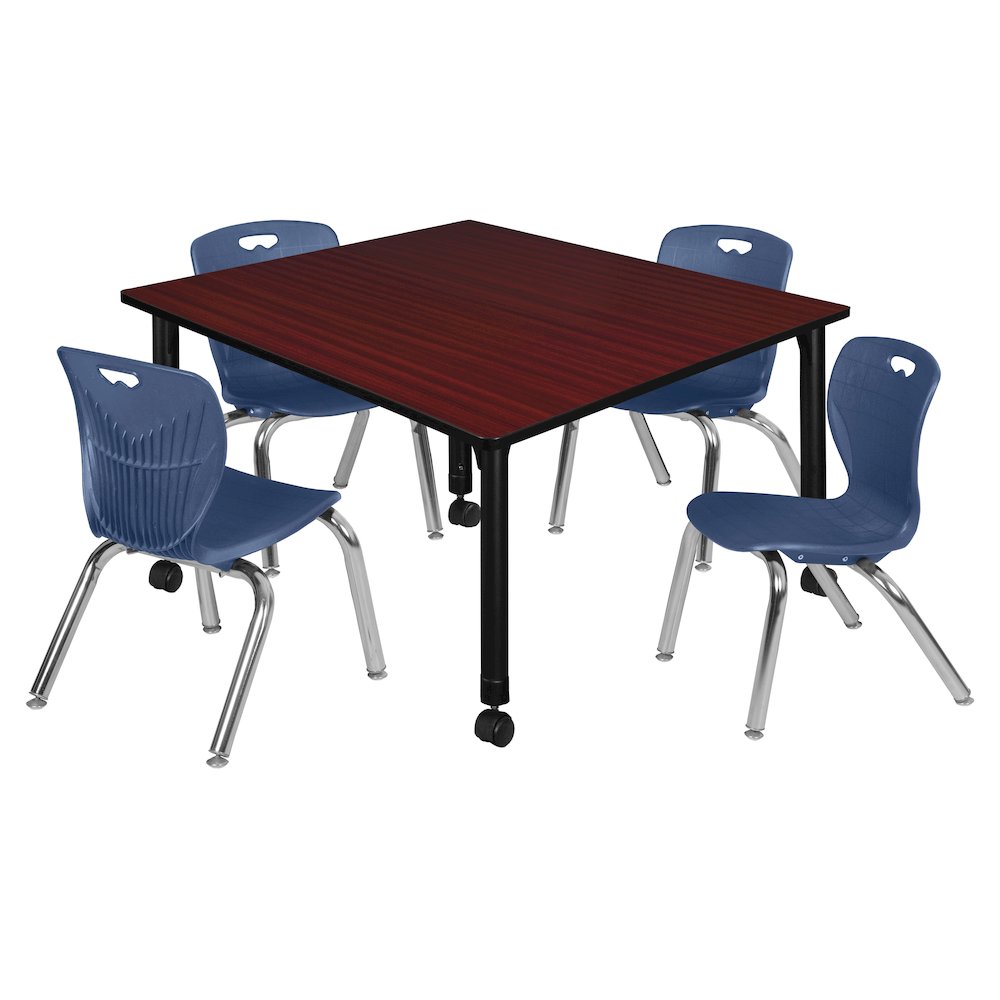 48 Square Mobile Classroom Table- Mahogany & 4 Andy 12 Stack Chairs- Blue