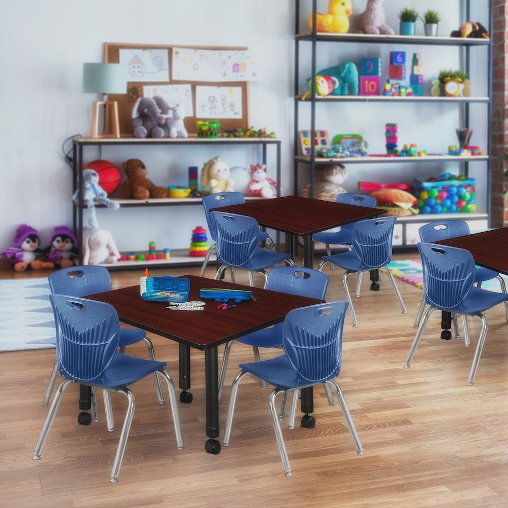 48 Square Mobile Classroom Table- Mahogany & 4 Andy 12 Stack Chairs- Blue