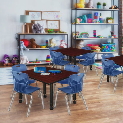 48 Square Mobile Classroom Table- Mahogany & 4 Andy 12 Stack Chairs- Blue