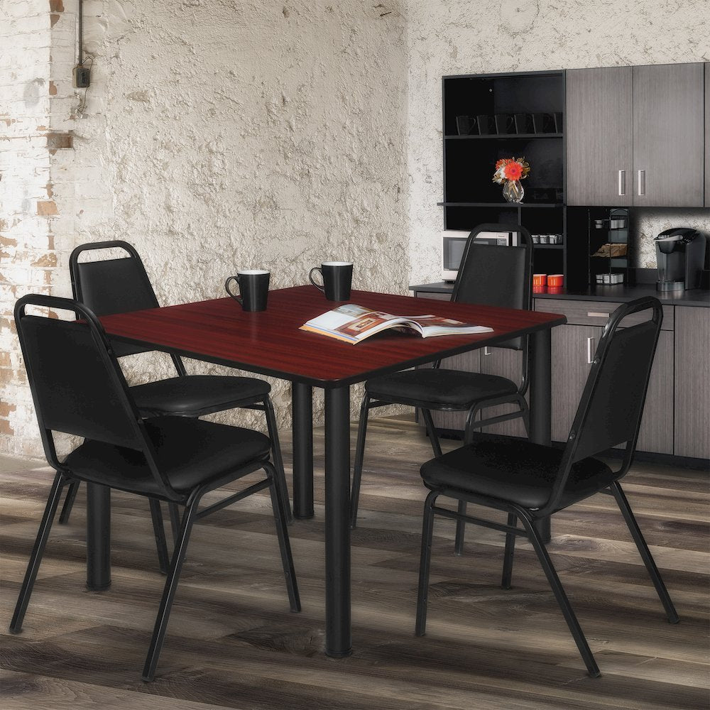 48 Square Breakroom Table- Mahogany Top, Black Legs, 4 Restaurant Stack Chairs