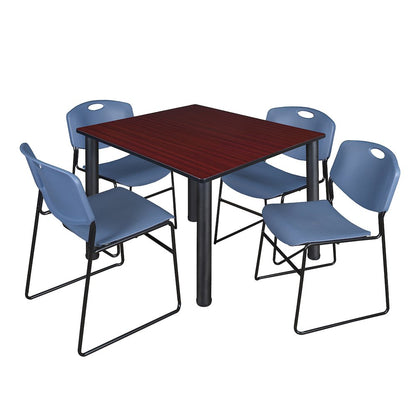 48 Square Breakroom Table- Mahogany Top, Black Legs, 4 Zeng Stack Chairs- Blue
