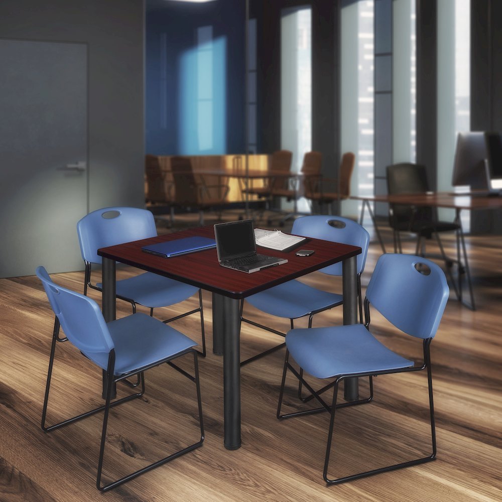 48 Square Breakroom Table- Mahogany Top, Black Legs, 4 Zeng Stack Chairs- Blue