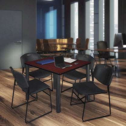 48 Square Breakroom Table- Mahogany Top, Black Legs, 4 Zeng Stack Chairs- Black