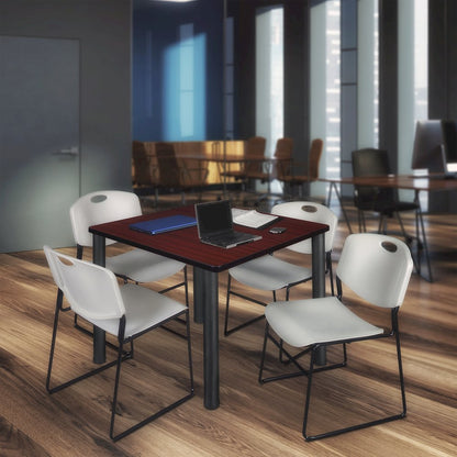 48 Square Breakroom Table- Mahogany Top, Black Legs, 4 Zeng Stack Chairs- Grey