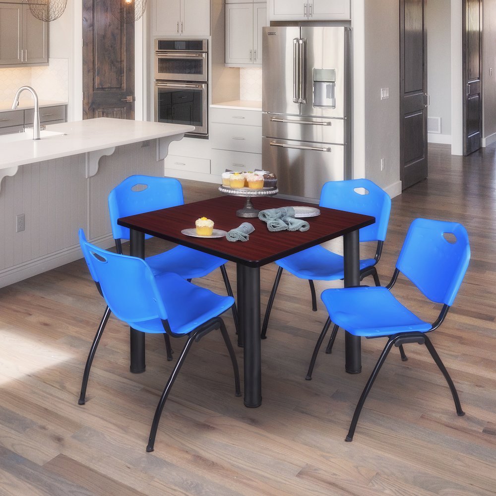 48 in Square Breakroom Table- Mahogany Top, Black Legs, 4 M Stack Chairs- Blue