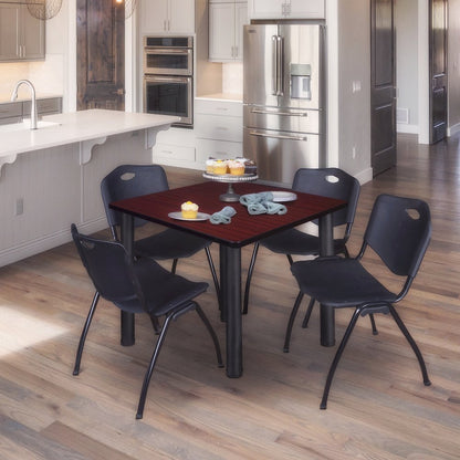 48 in Square Breakroom Table- Mahogany Top, Black Legs, 4 M Stack Chairs- Black