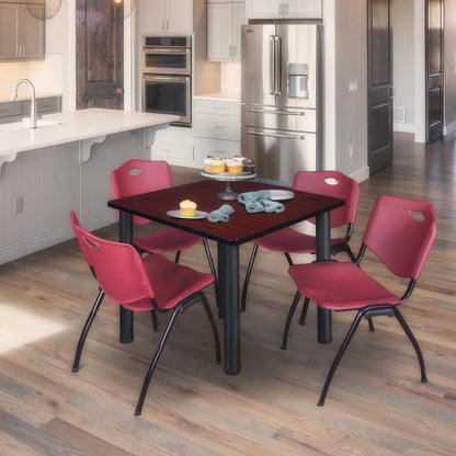 48 Square Breakroom Table- Mahogany Top, Black Legs, 4 M Stack Chairs- Burgundy