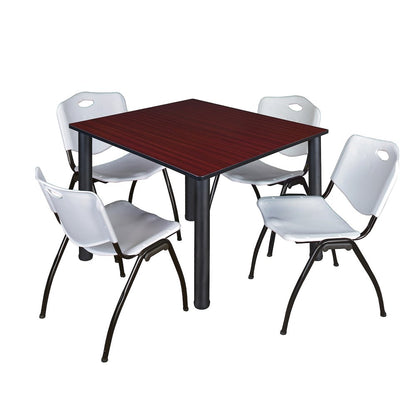 48 in Square Breakroom Table- Mahogany Top, Black Legs, 4 M Stack Chairs- Grey