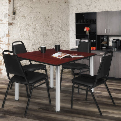 48 Square Breakroom Table- Mahogany Top, Chrome Legs, 4 Restaurant Stack Chairs
