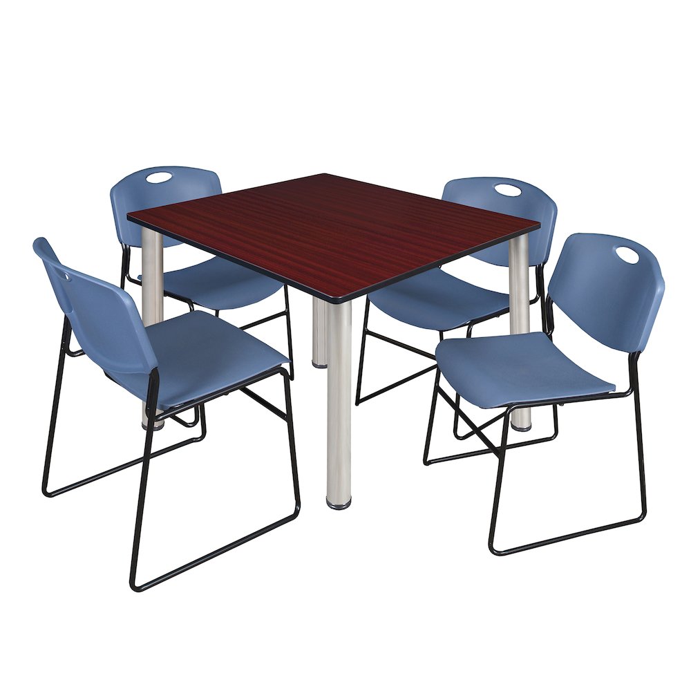 48 Square Breakroom Table- Mahogany Top, Chrome Legs, 4 Zeng Stack Chairs- Blue