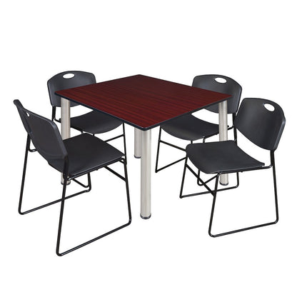 48 Square Breakroom Table- Mahogany Top, Chrome Legs, 4 Zeng Stack Chairs- Black