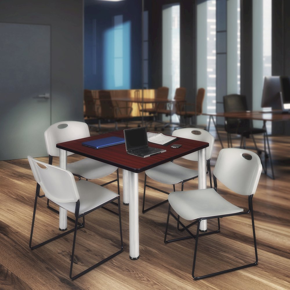 48 Square Breakroom Table- Mahogany Top, Chrome Legs, 4 Zeng Stack Chairs- Grey