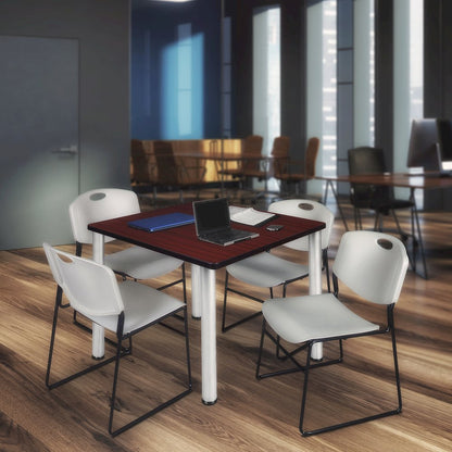 48 Square Breakroom Table- Mahogany Top, Chrome Legs, 4 Zeng Stack Chairs- Grey