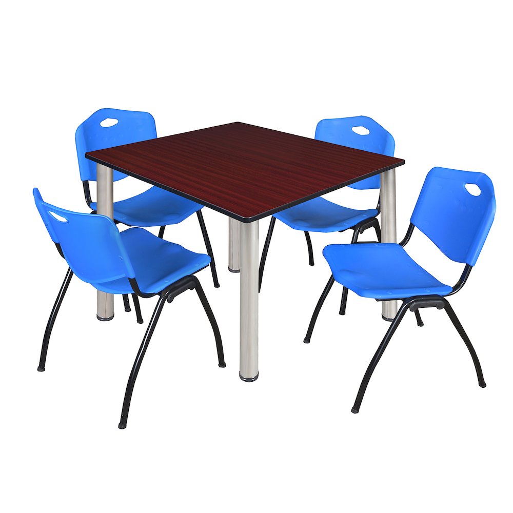 48 in Square Breakroom Table- Mahogany Top, Chrome Legs, 4 M Stack Chairs- Blue