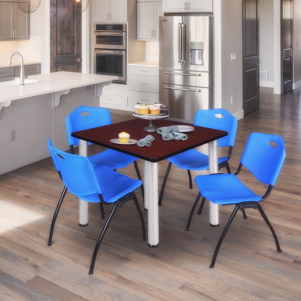 48 in Square Breakroom Table- Mahogany Top, Chrome Legs, 4 M Stack Chairs- Blue