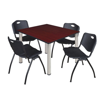 48 in Square Breakroom Table- Mahogany Top, Chrome Legs, 4 M Stack Chairs- Black