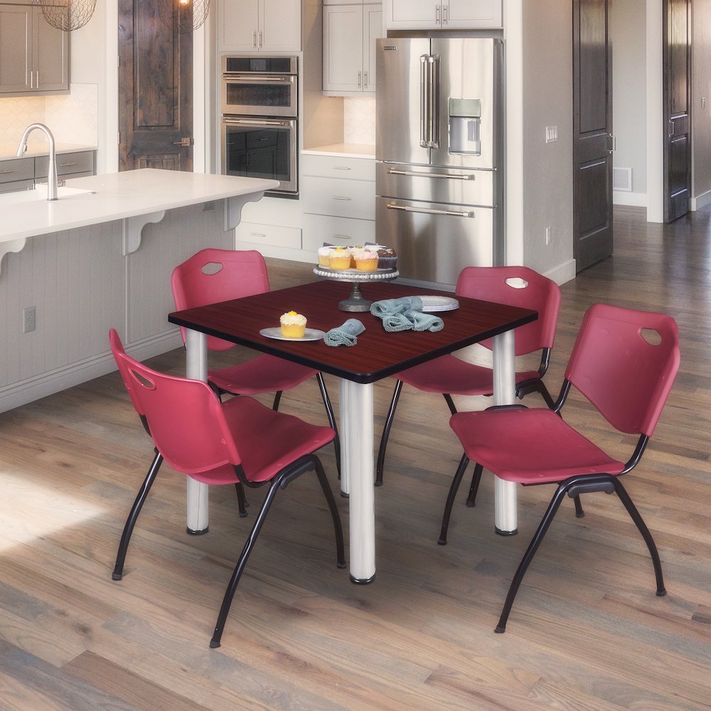 48 Square Breakroom Table- Mahogany Top, Chrome Legs, 4 M Stack Chairs- Burgundy