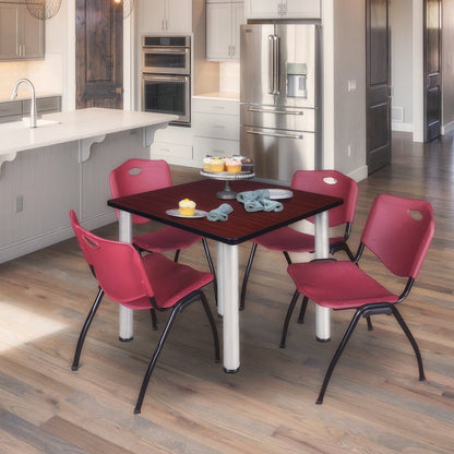48 Square Breakroom Table- Mahogany Top, Chrome Legs, 4 M Stack Chairs- Burgundy