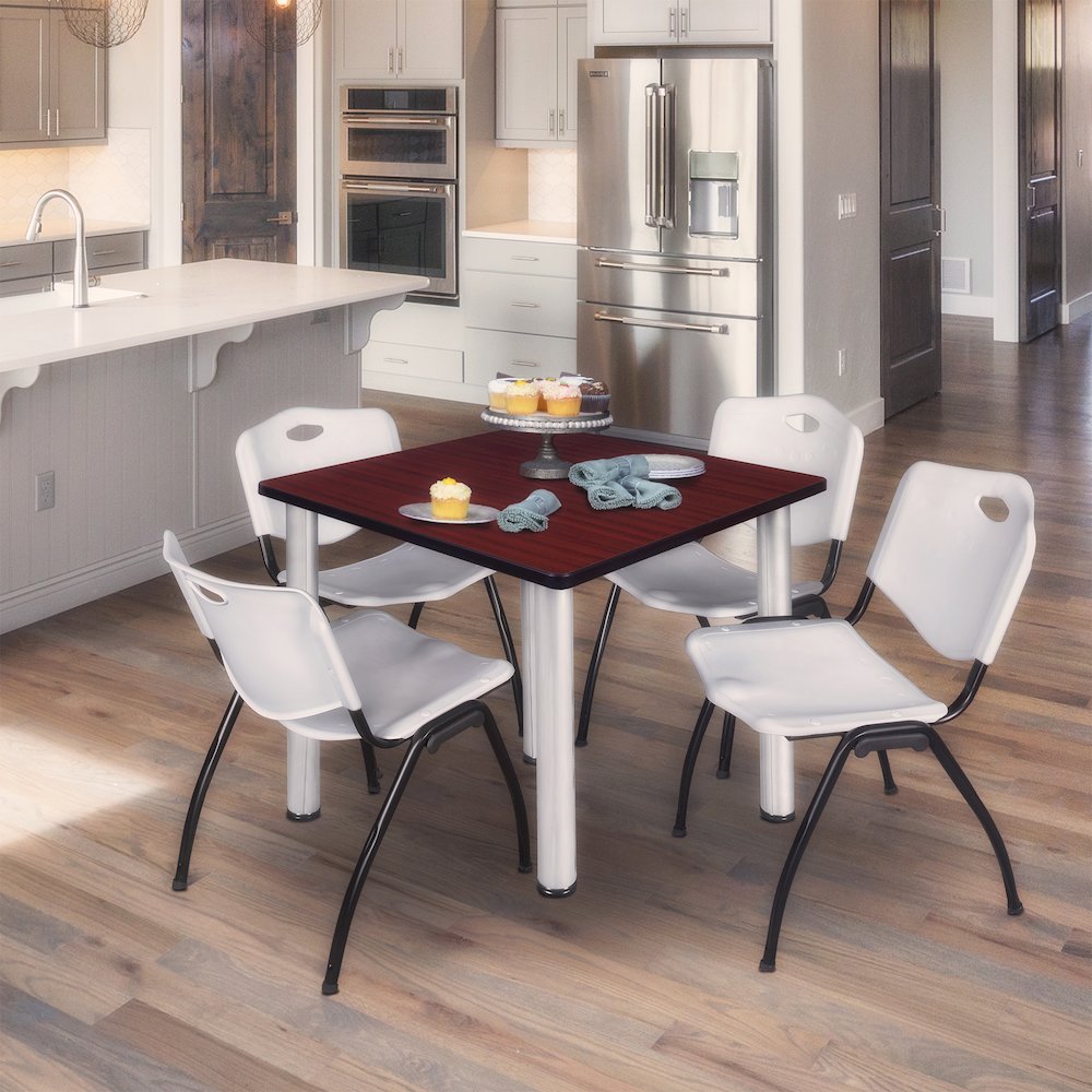 48 in Square Breakroom Table- Mahogany Top, Chrome Legs, 4 M Stack Chairs- Grey