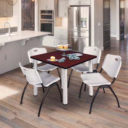 48 in Square Breakroom Table- Mahogany Top, Chrome Legs, 4 M Stack Chairs- Grey