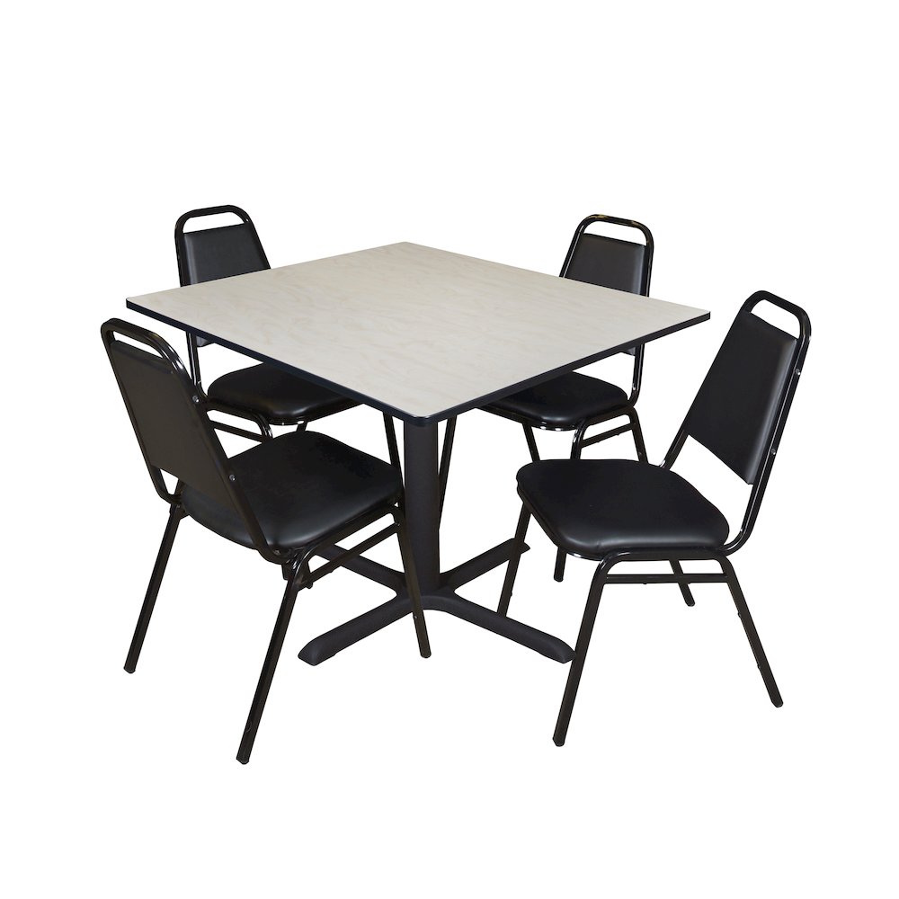 48 in. Square X-Base Breakroom Table- Maple & 4 Restaurant Stack Chairs- Black