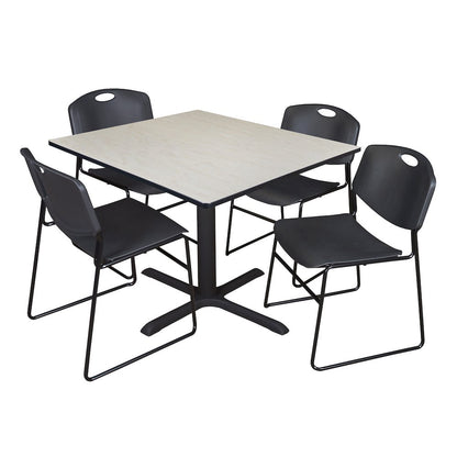 48 in. Square X-Base Breakroom Table- Maple & 4 Zeng Stack Chairs- Black