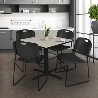 48 in. Square X-Base Breakroom Table- Maple & 4 Zeng Stack Chairs- Black