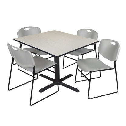 48 in. Square X-Base Breakroom Table- Maple & 4 Zeng Stack Chairs- Grey