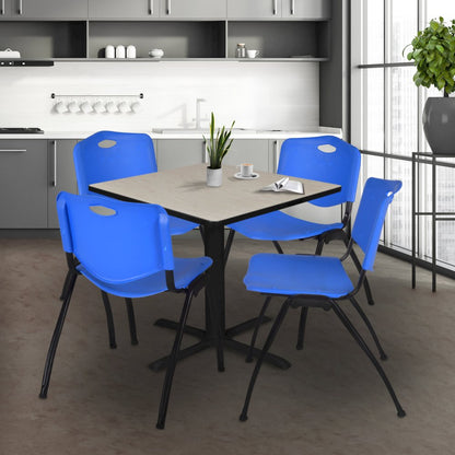 48 in. Square X-Base Breakroom Table- Maple & 4 M Stack Chairs- Blue