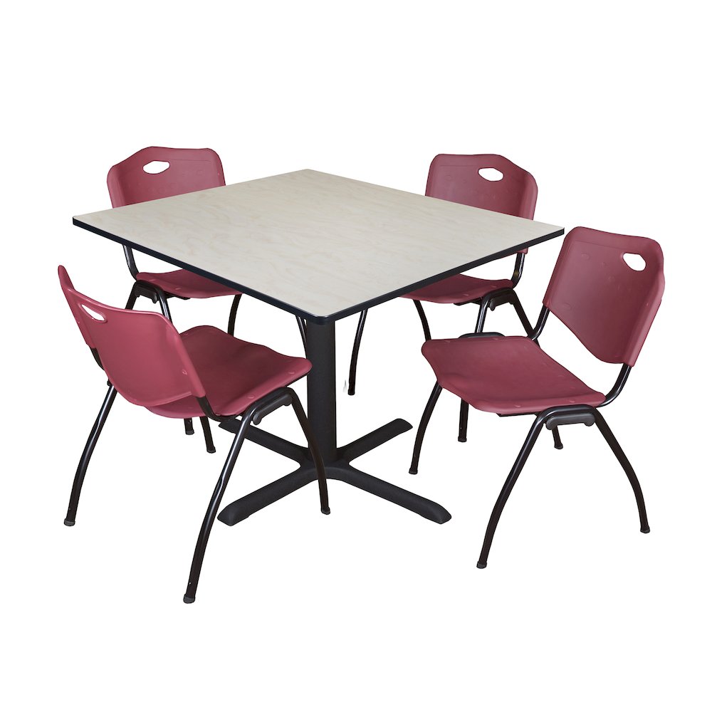 48 in. Square X-Base Breakroom Table- Maple & 4 M Stack Chairs- Burgundy