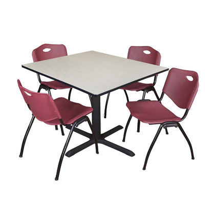 48 in. Square X-Base Breakroom Table- Maple & 4 M Stack Chairs- Burgundy