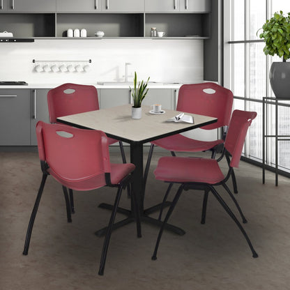 48 in. Square X-Base Breakroom Table- Maple & 4 M Stack Chairs- Burgundy
