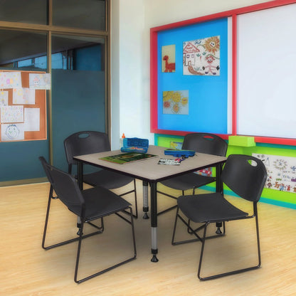 48 in. Square Adjustable Classroom Table- Maple & 4 Zeng Stack Chairs- Black
