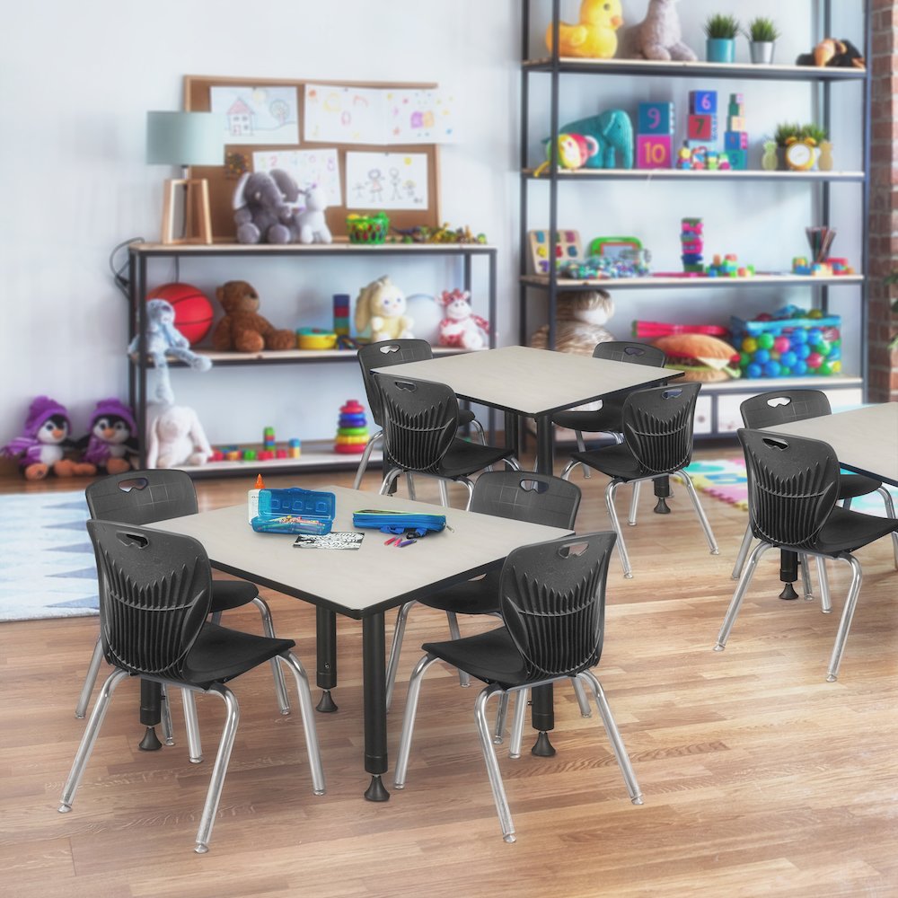 48 Square Adjustable Classroom Table- Maple & 4 Andy 12 Stack Chairs- Black
