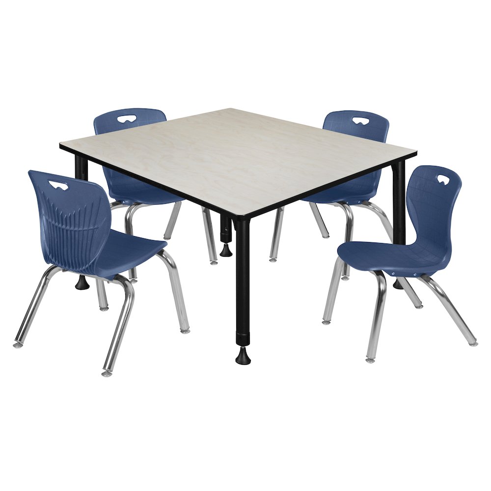 48 Square Adjustable Classroom Table- Maple & 4 Andy 12 Stack Chairs- Blue