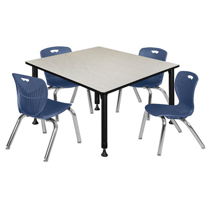 48 Square Adjustable Classroom Table- Maple & 4 Andy 12 Stack Chairs- Blue