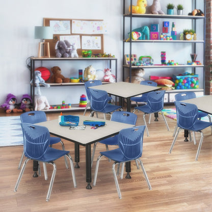 48 Square Adjustable Classroom Table- Maple & 4 Andy 12 Stack Chairs- Blue
