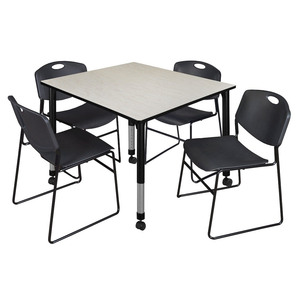 48 Square Mobile Adjustable Classroom Table- Maple & 4 Zeng Stack Chairs- Black